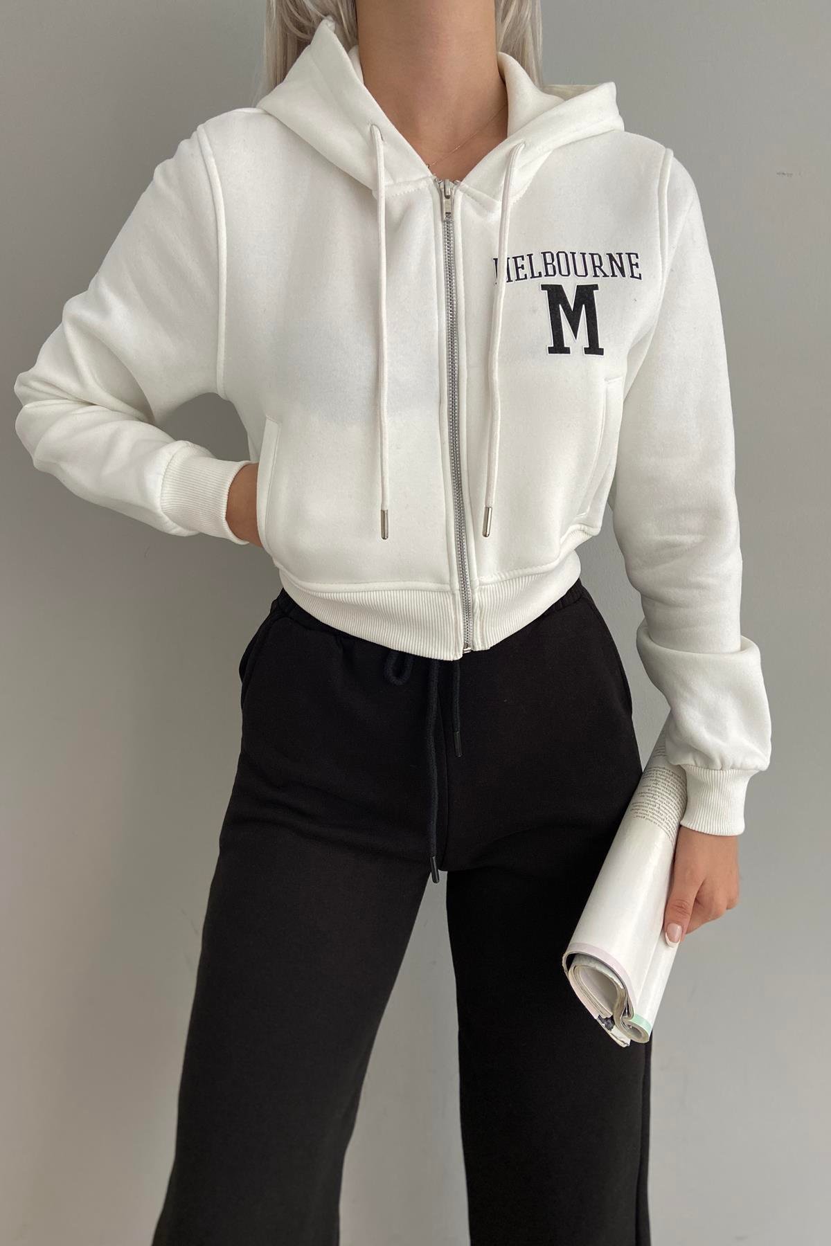 BASKI DETAY FERMUARLI CROP SWEATSHIRT