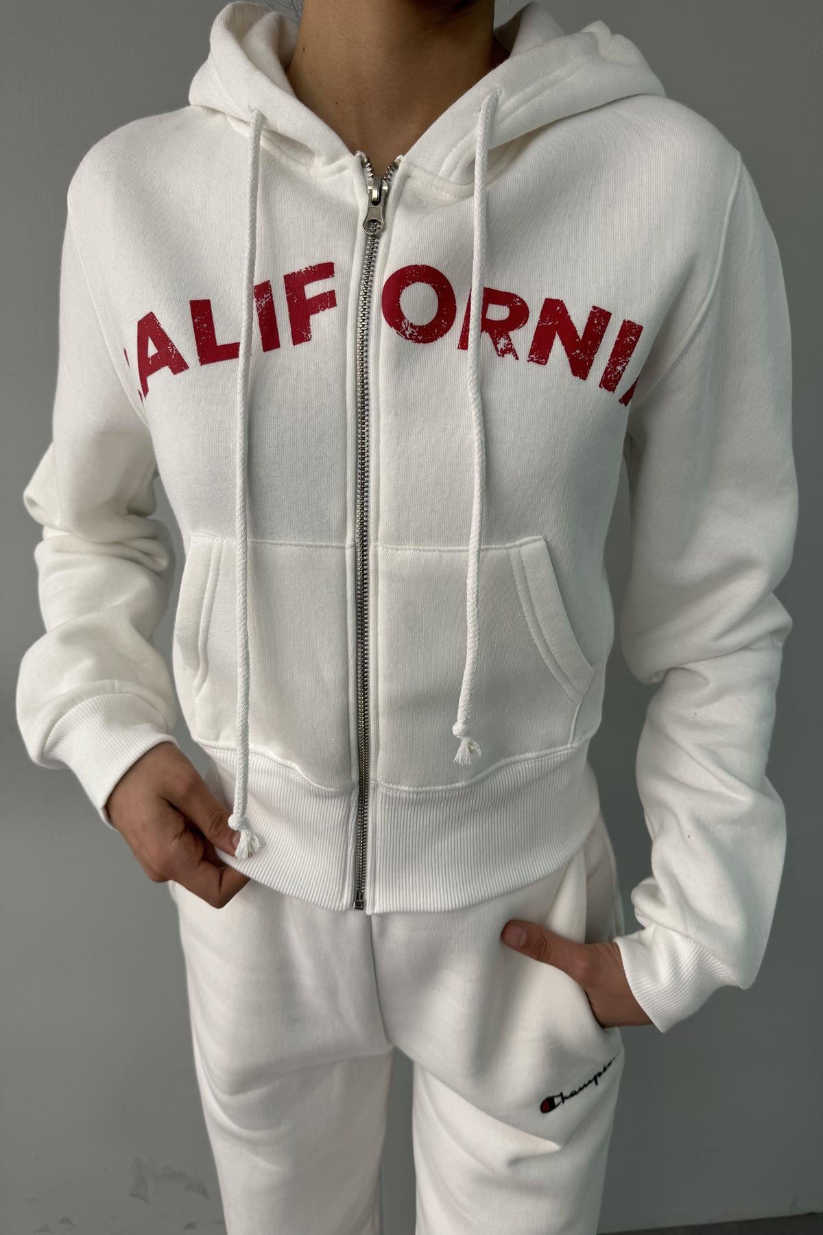 BASKI DETAY FERMUARLI KAPŞONLU CROP SWEAT