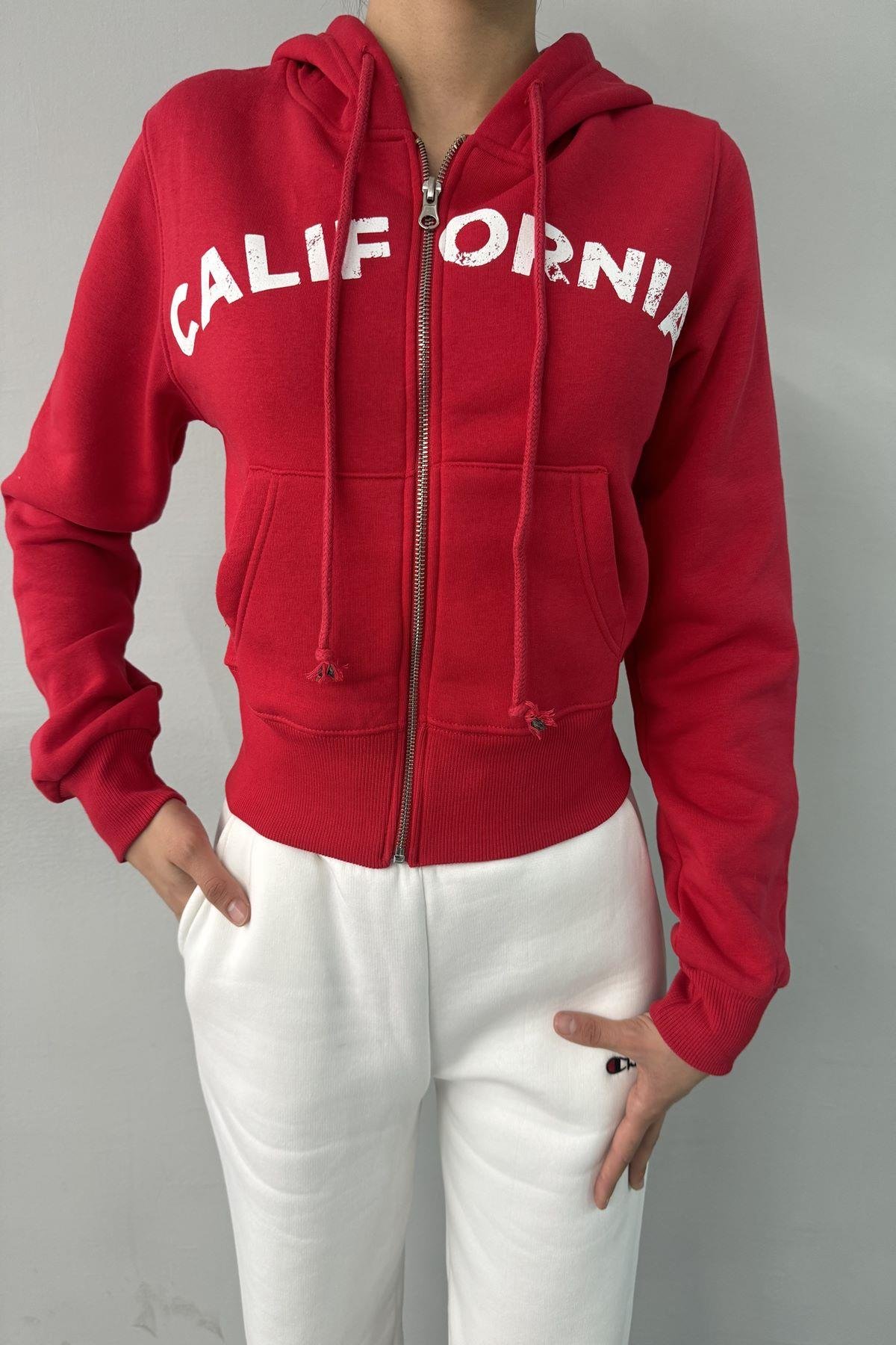 BASKI DETAY FERMUARLI KAPŞONLU CROP SWEAT