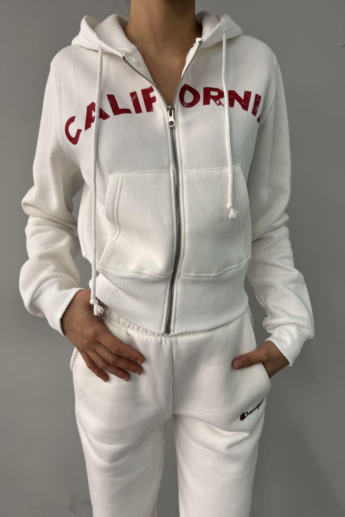 BASKI DETAY FERMUARLI KAPŞONLU CROP SWEAT