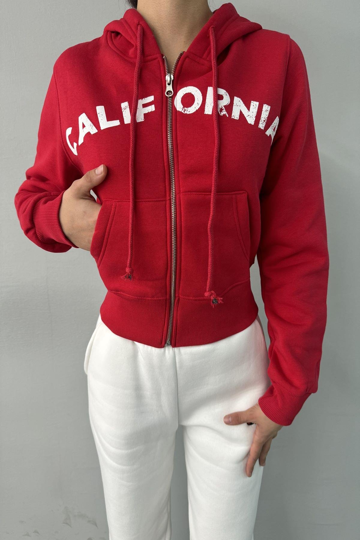 BASKI DETAY FERMUARLI KAPŞONLU CROP SWEAT