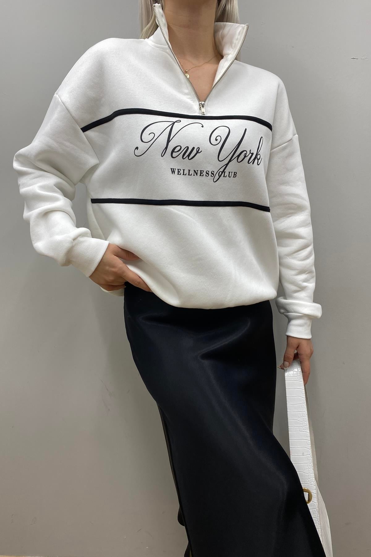 BASKI DETAY FERMUARLI SWEATSHIRT