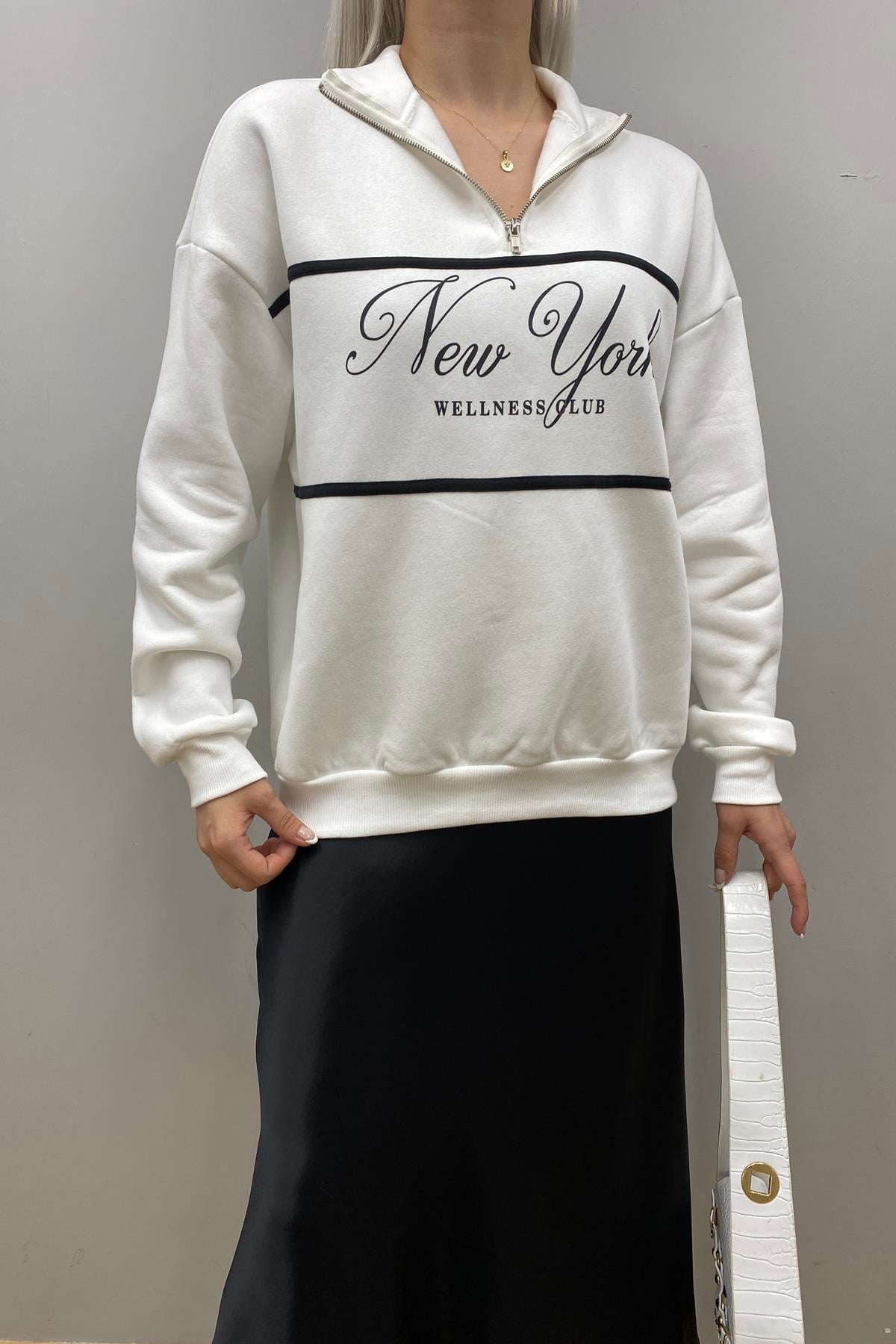 BASKI DETAY FERMUARLI SWEATSHIRT