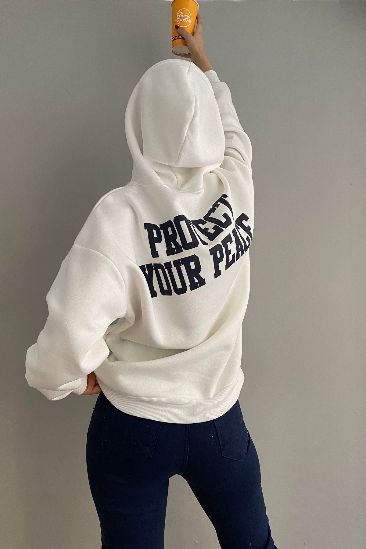 BASKI DETAYLI KAPŞONLU OVERSİZE SWEATSHIRT