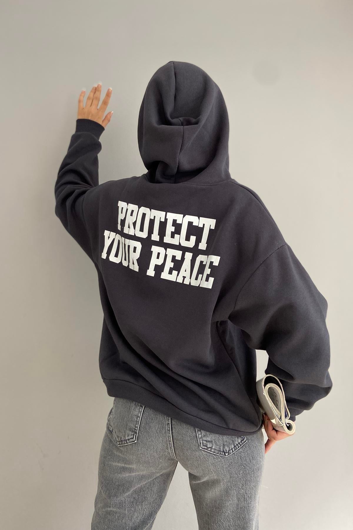BASKI DETAYLI KAPŞONLU OVERSİZE SWEATSHIRT