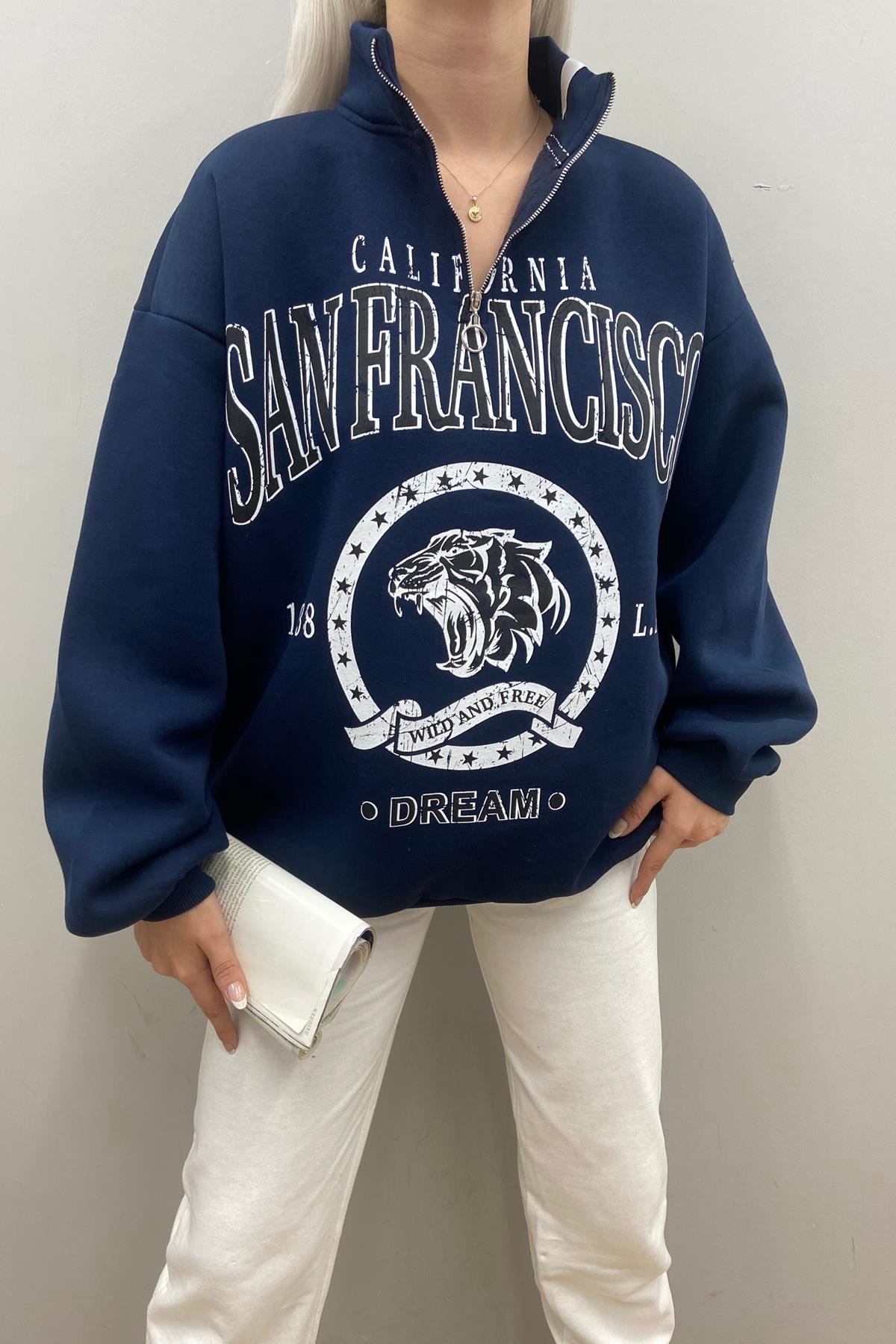 BASKILI FERMUAR DETAYLI SWEATSHIRT
