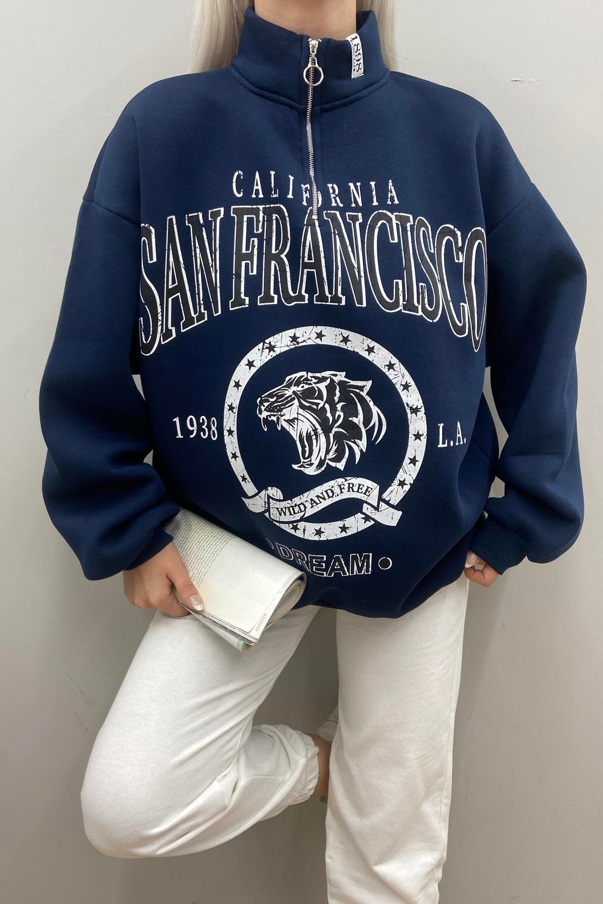 BASKILI FERMUAR DETAYLI SWEATSHIRT