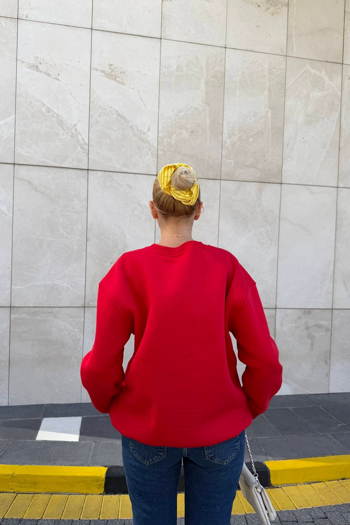 BİSİKLET YAKA BASKI VE NAKIŞ DETAY SWEATSHIRT
