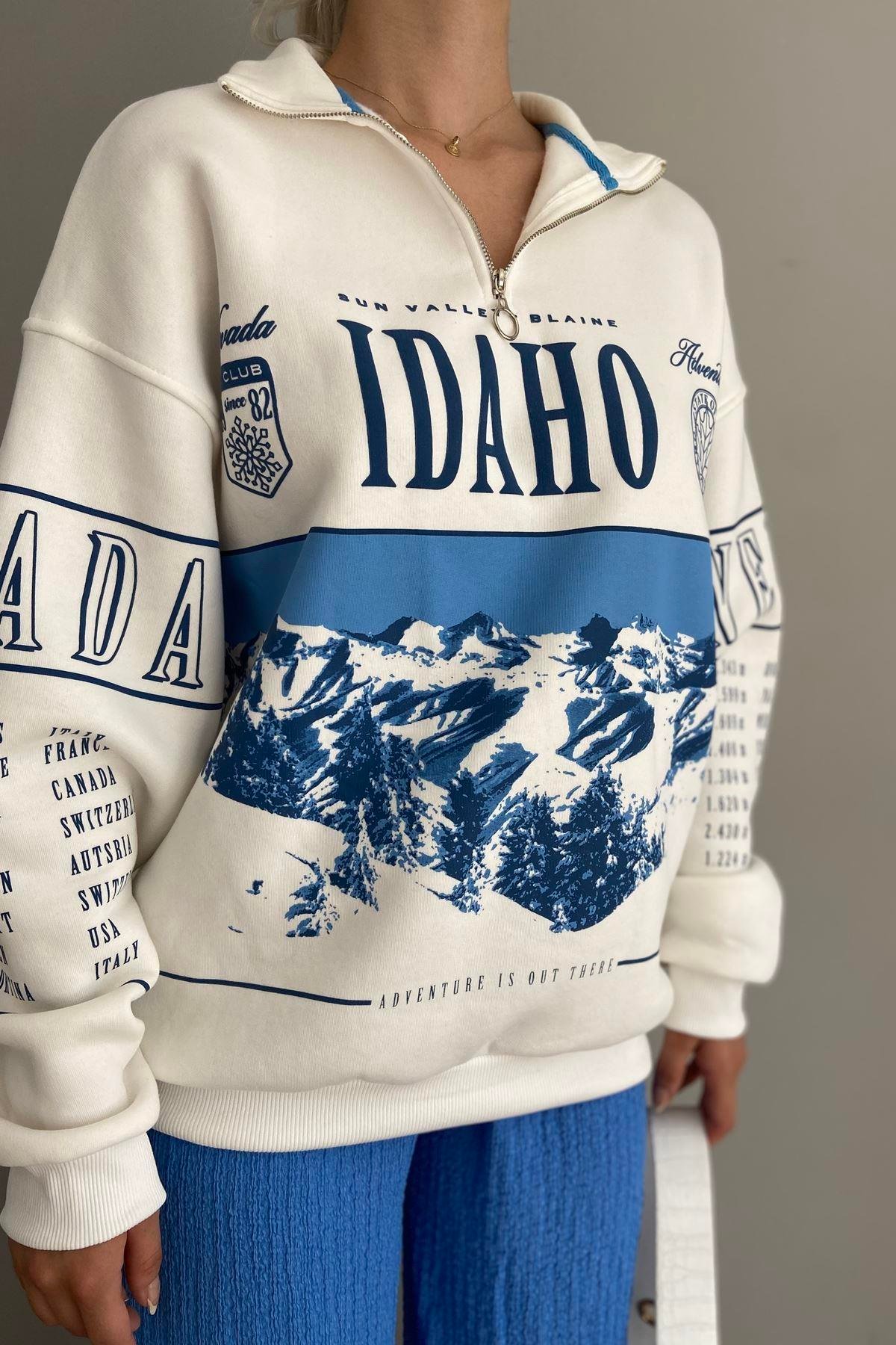 FERMUAR DETAY BASKILI SWEATSHIRT