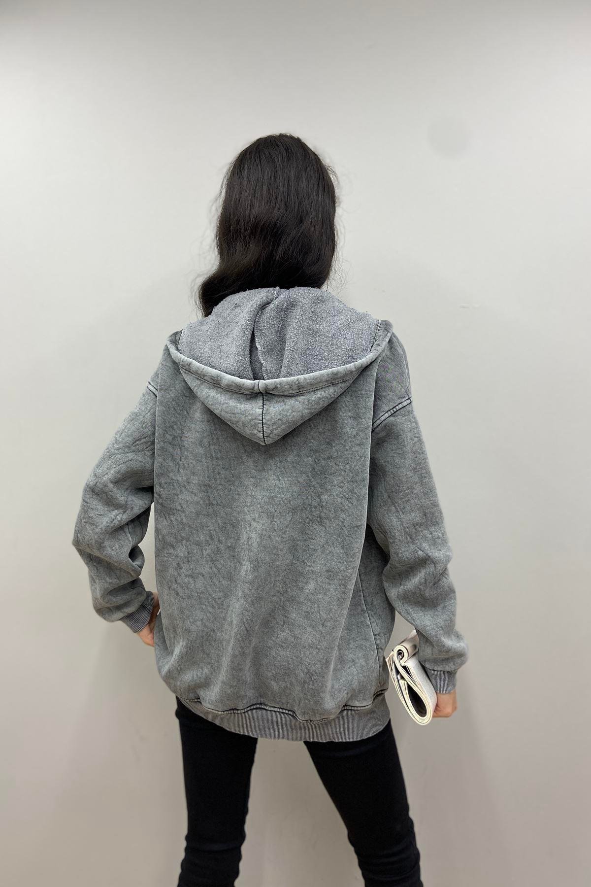 FERMUARLI YIKAMALI KAPŞONLU SWEATSHIRT