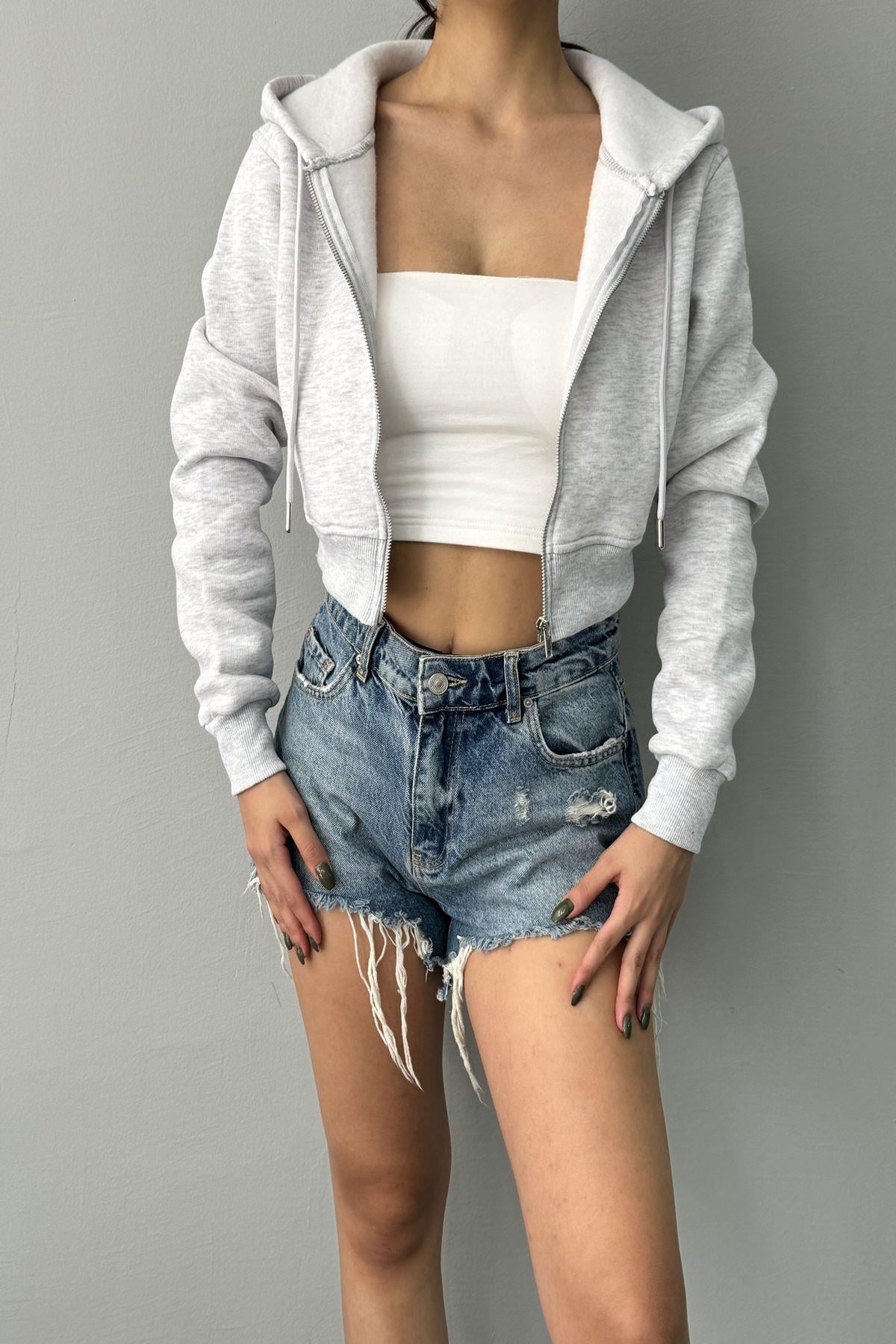 KAPŞONLU CROP FERMUARLI SWETSHIRT