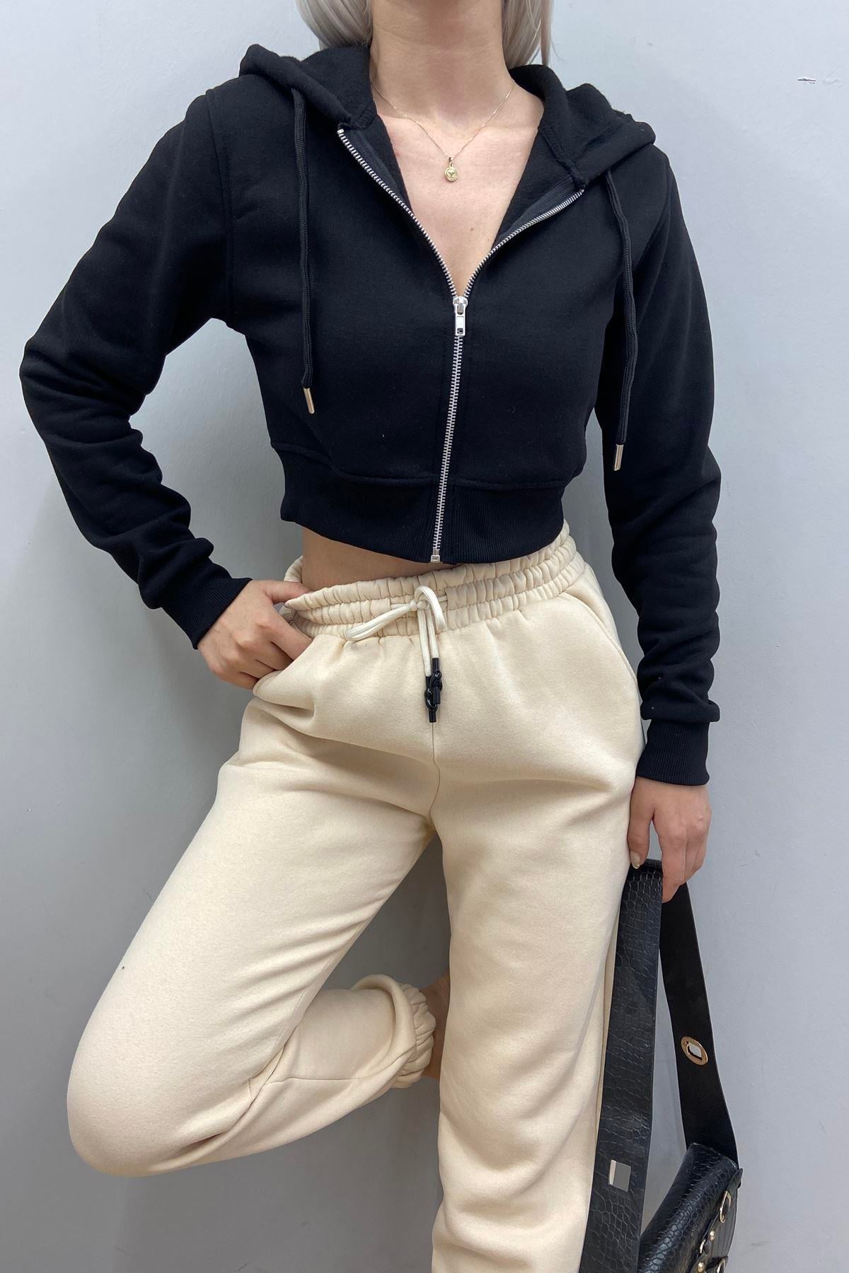 KAPŞONLU CROP FERMUARLI SWETSHIRT