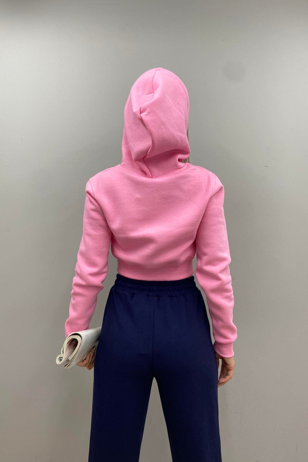 KAPŞONLU CROP FERMUARLI SWETSHIRT