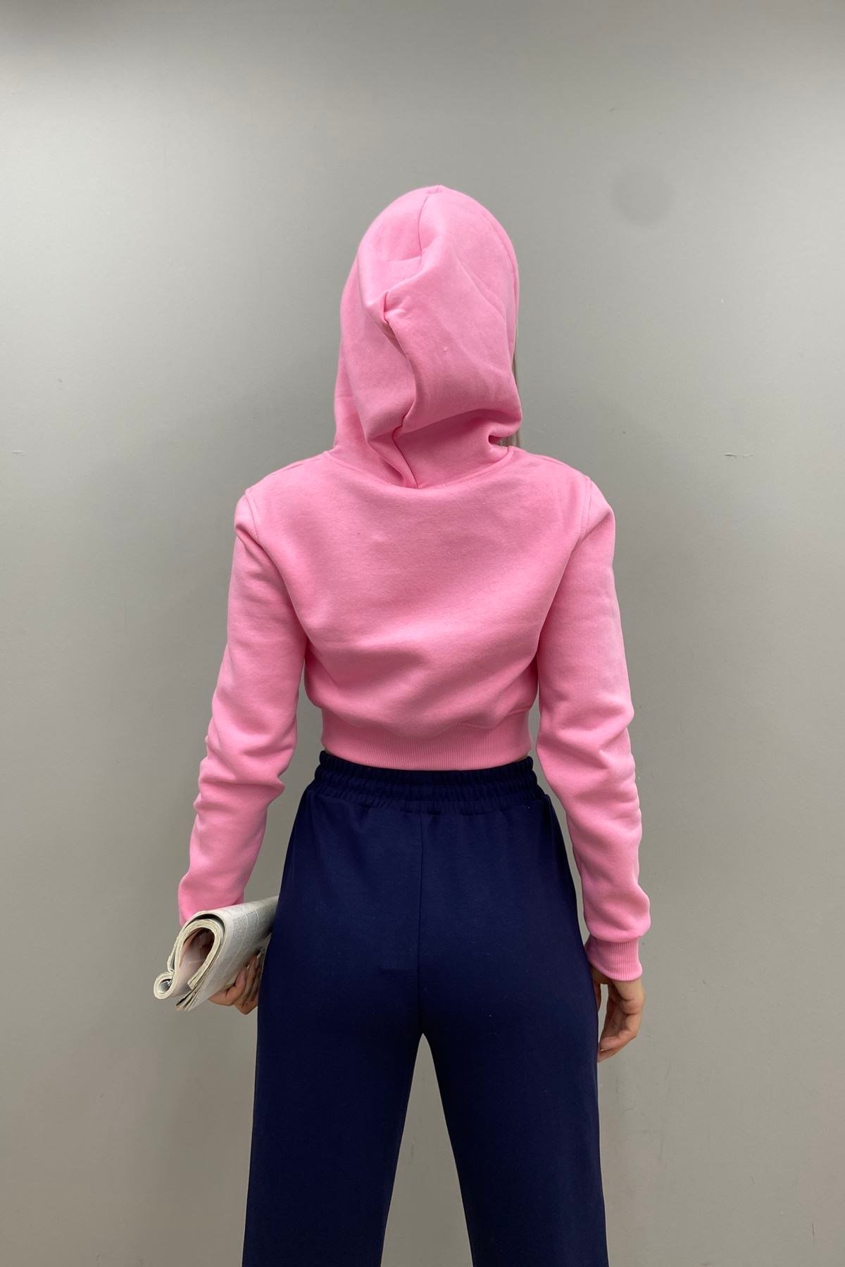 KAPŞONLU  FERMUARLI CROP SWETSHIRT