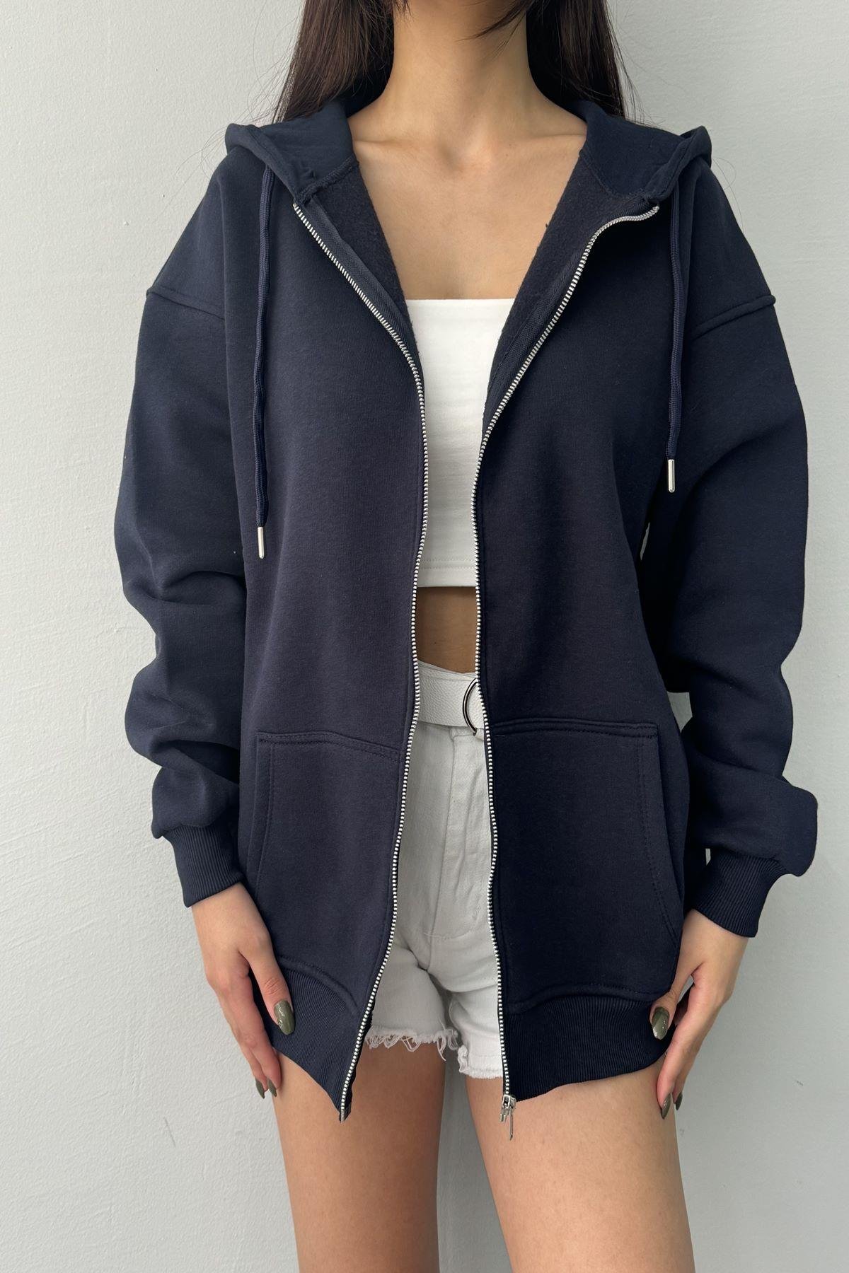 KAPŞONLU FERMUARLI OVERSİZE SWEATSHIRT