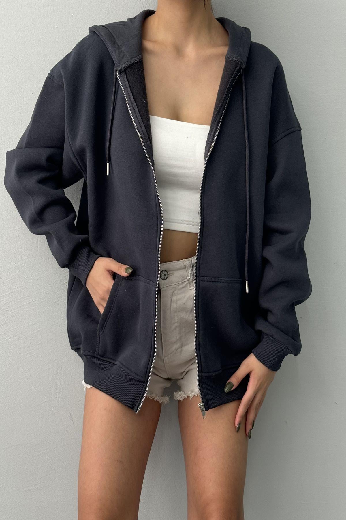 KAPŞONLU FERMUARLI OVERSİZE SWEATSHIRT