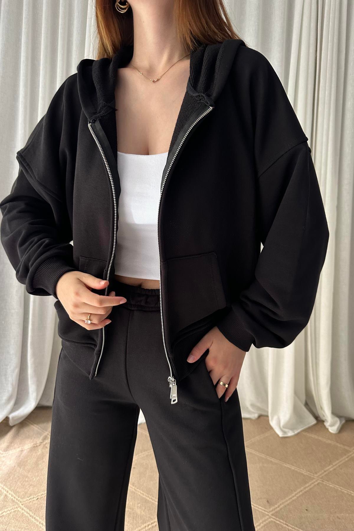 KAPŞONLU FERMUARLI SWEATSHIRT