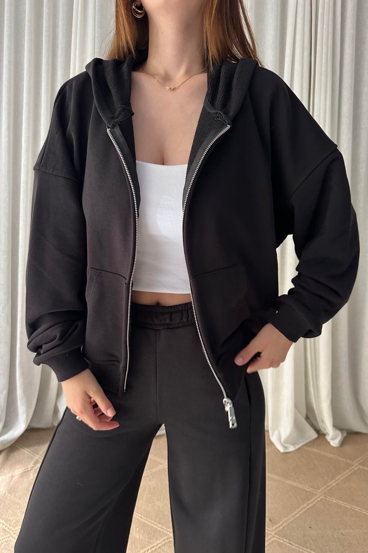 KAPŞONLU FERMUARLI SWEATSHIRT