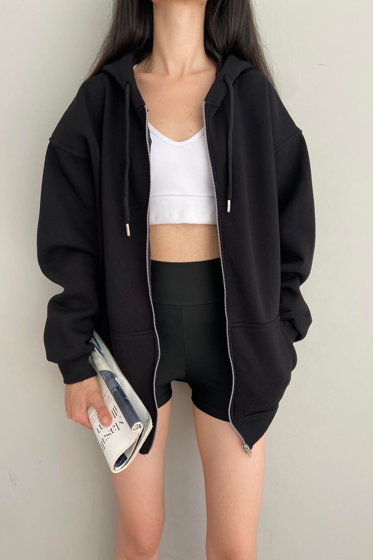 KAPŞONLU FERMUARLU SWEATSHIRT