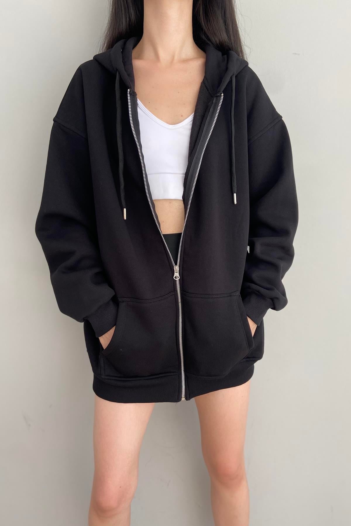 KAPŞONLU FERMUARLU SWEATSHIRT