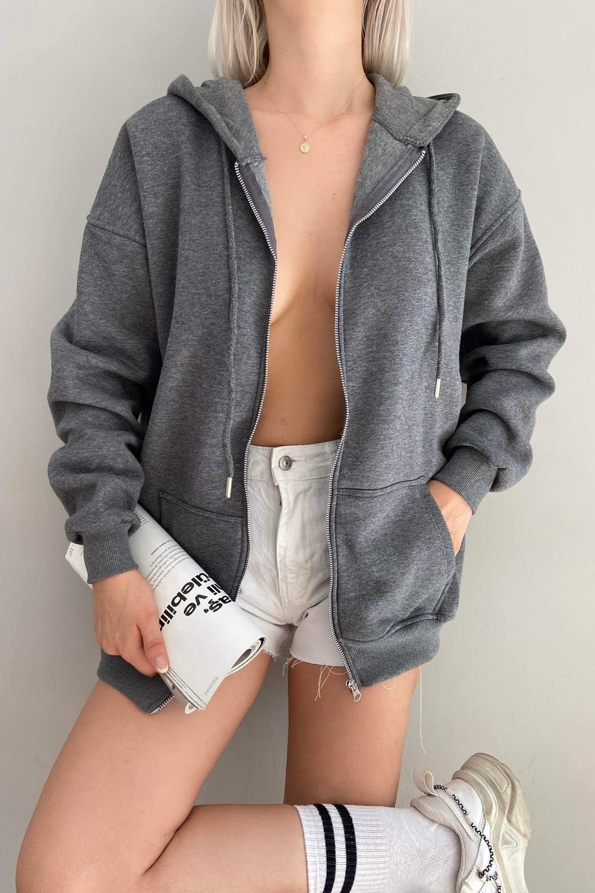 KAPŞONLU FERMUARLU SWEATSHIRT