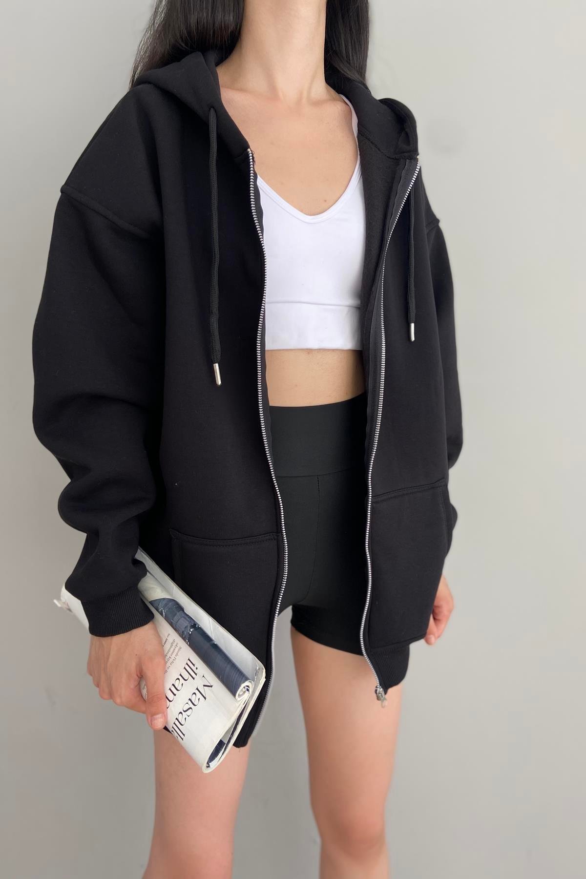 KAPŞONLU FERMUARLU SWEATSHIRT