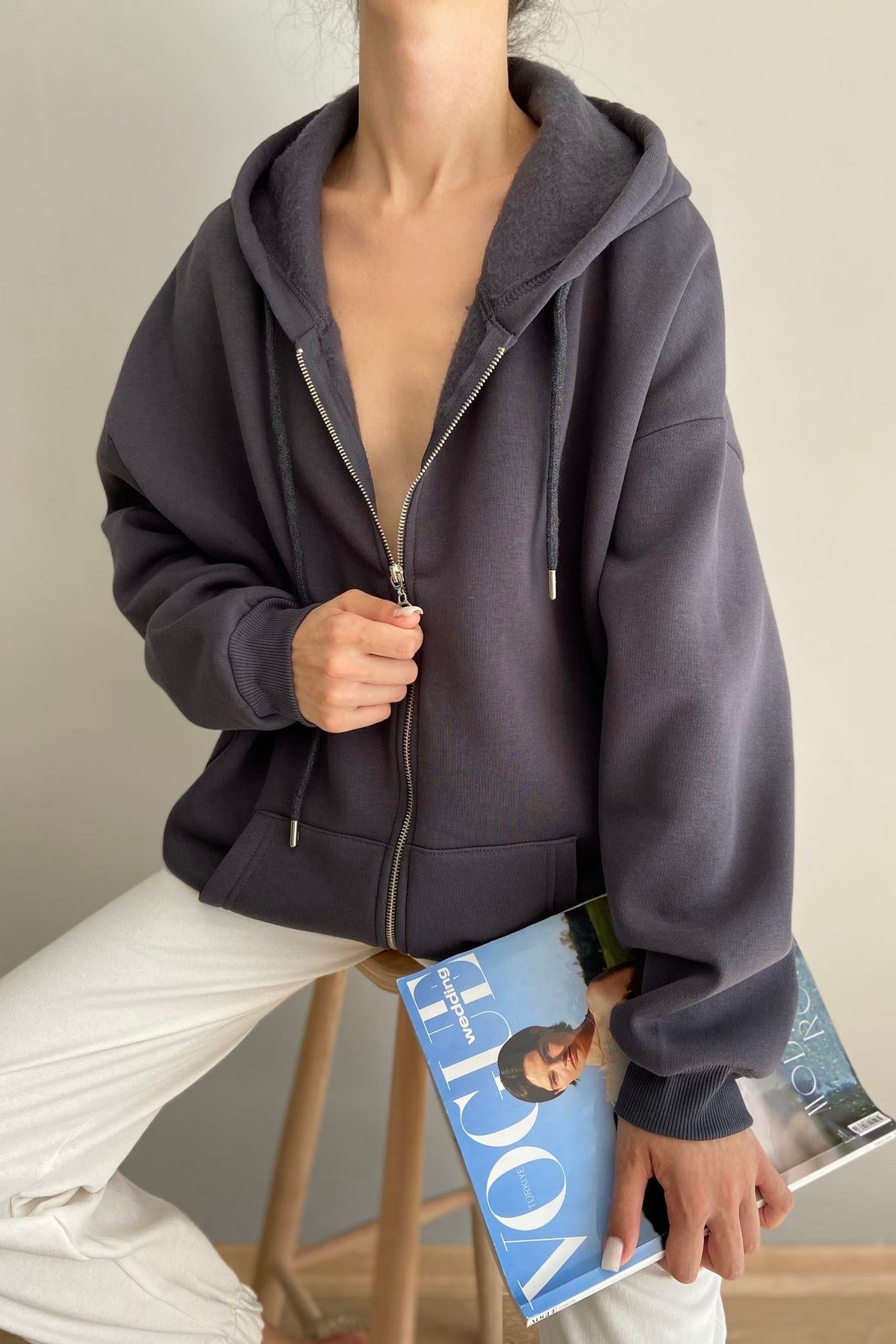 KAPŞONLU OVERSİZE FERMUARLI  SWEAT