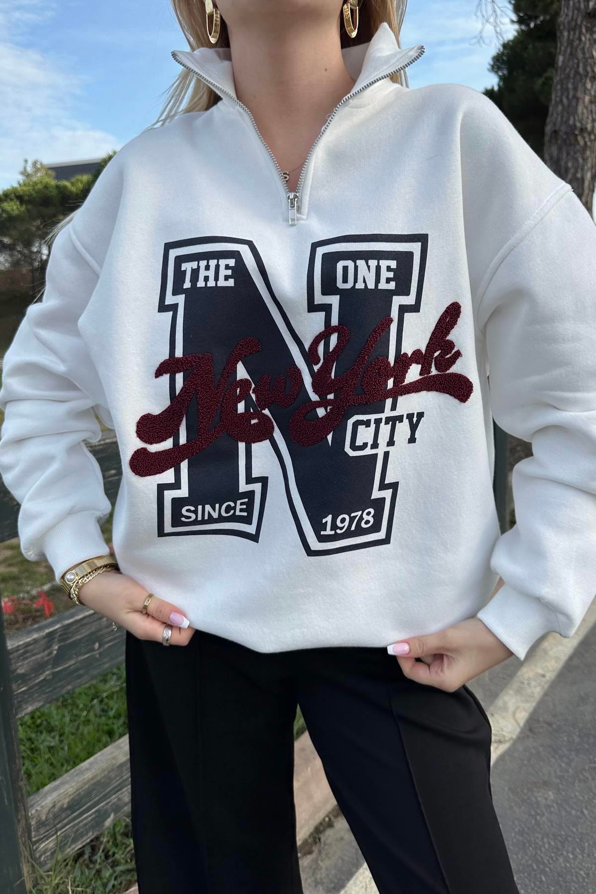 NEWYORK BASKILI YARIM FERMUARLI SWEATSHIRT