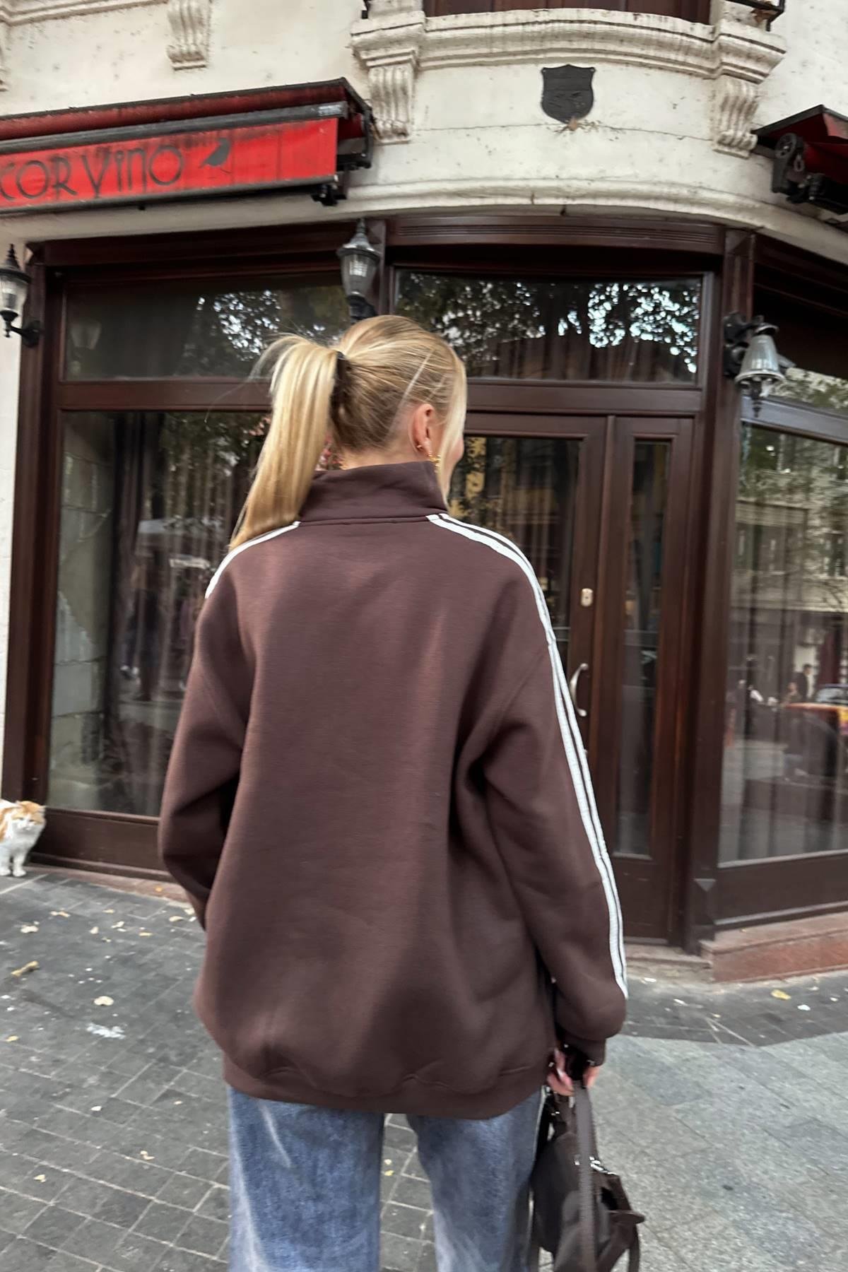 NY 76 NAKIŞ DETAYLI YARIM FERMUARLI SWEATSHIRT