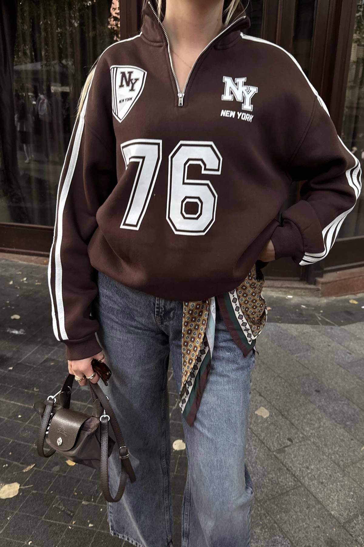 NY 76 NAKIŞ DETAYLI YARIM FERMUARLI SWEATSHIRT