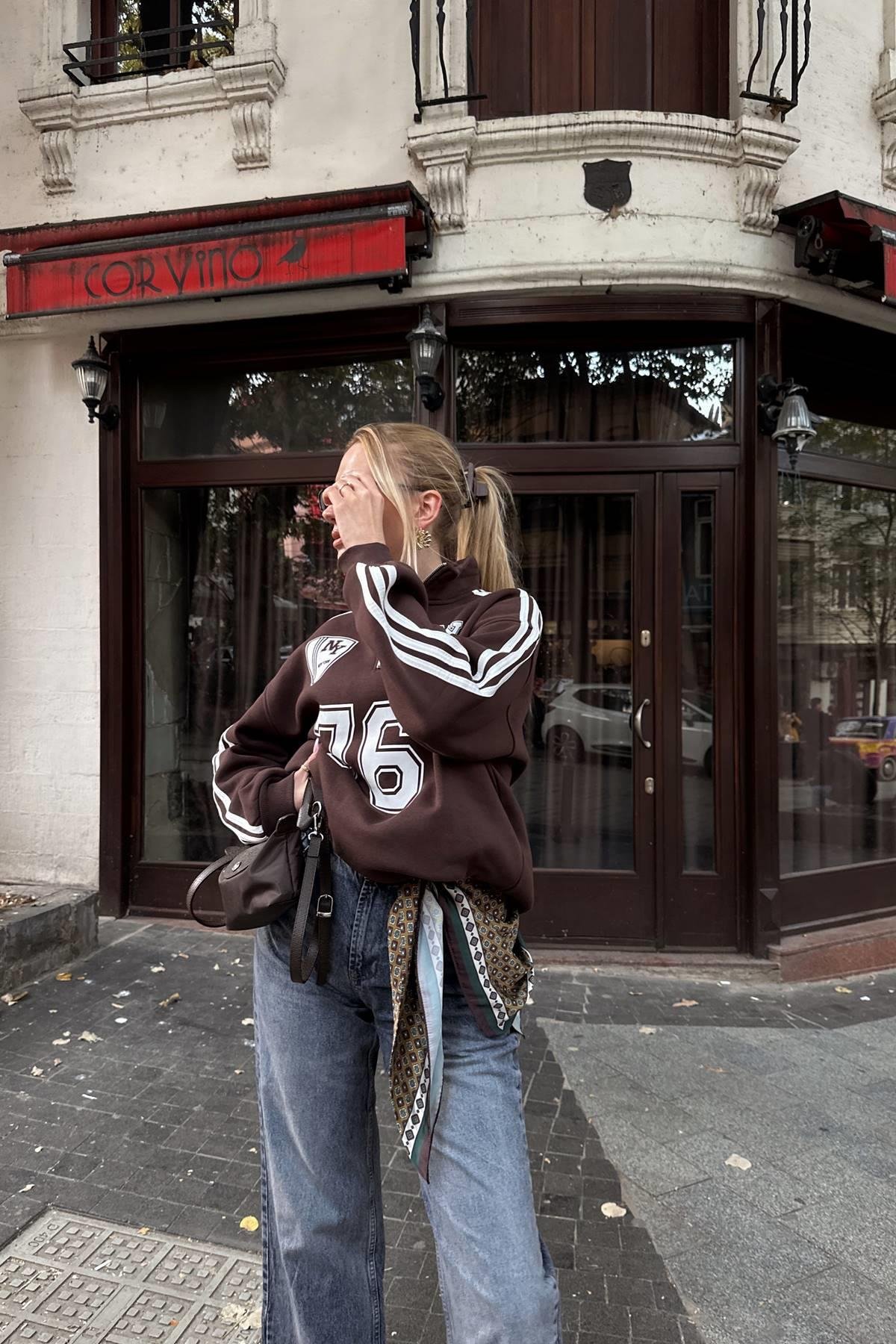 NY 76 NAKIŞ DETAYLI YARIM FERMUARLI SWEATSHIRT