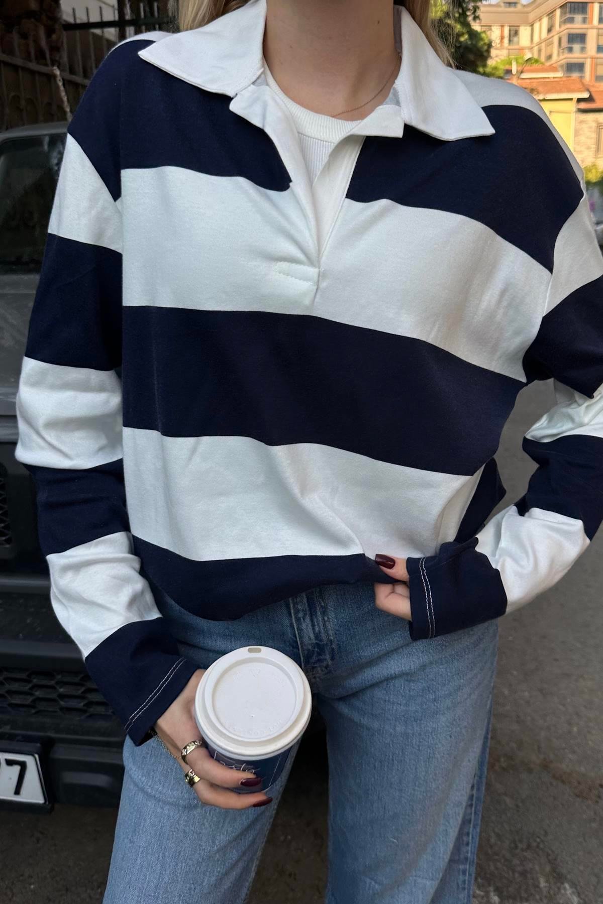 POLO YAKA ÇİZGİ DETAY SWEATSHIRT