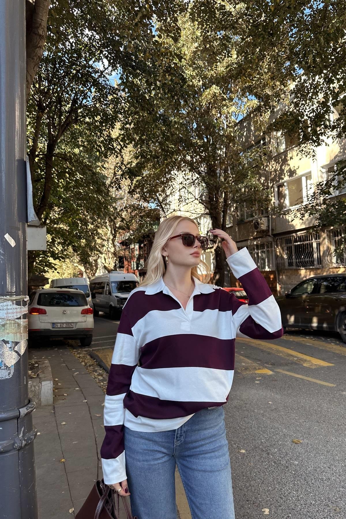 POLO YAKA ÇİZGİ DETAY SWEATSHIRT
