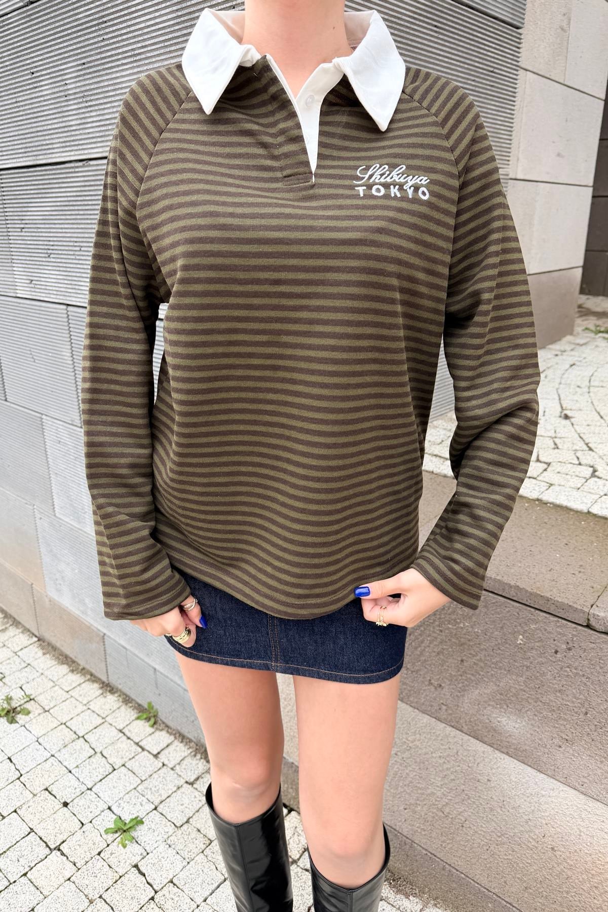 POLO YAKA ÇİZGİ VE NAKIŞ DETAY SWEAT