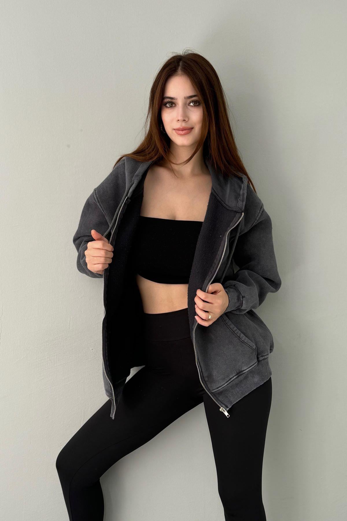 YIKAMALI KAPŞONLU FERMUARLI SWEATSHIRT