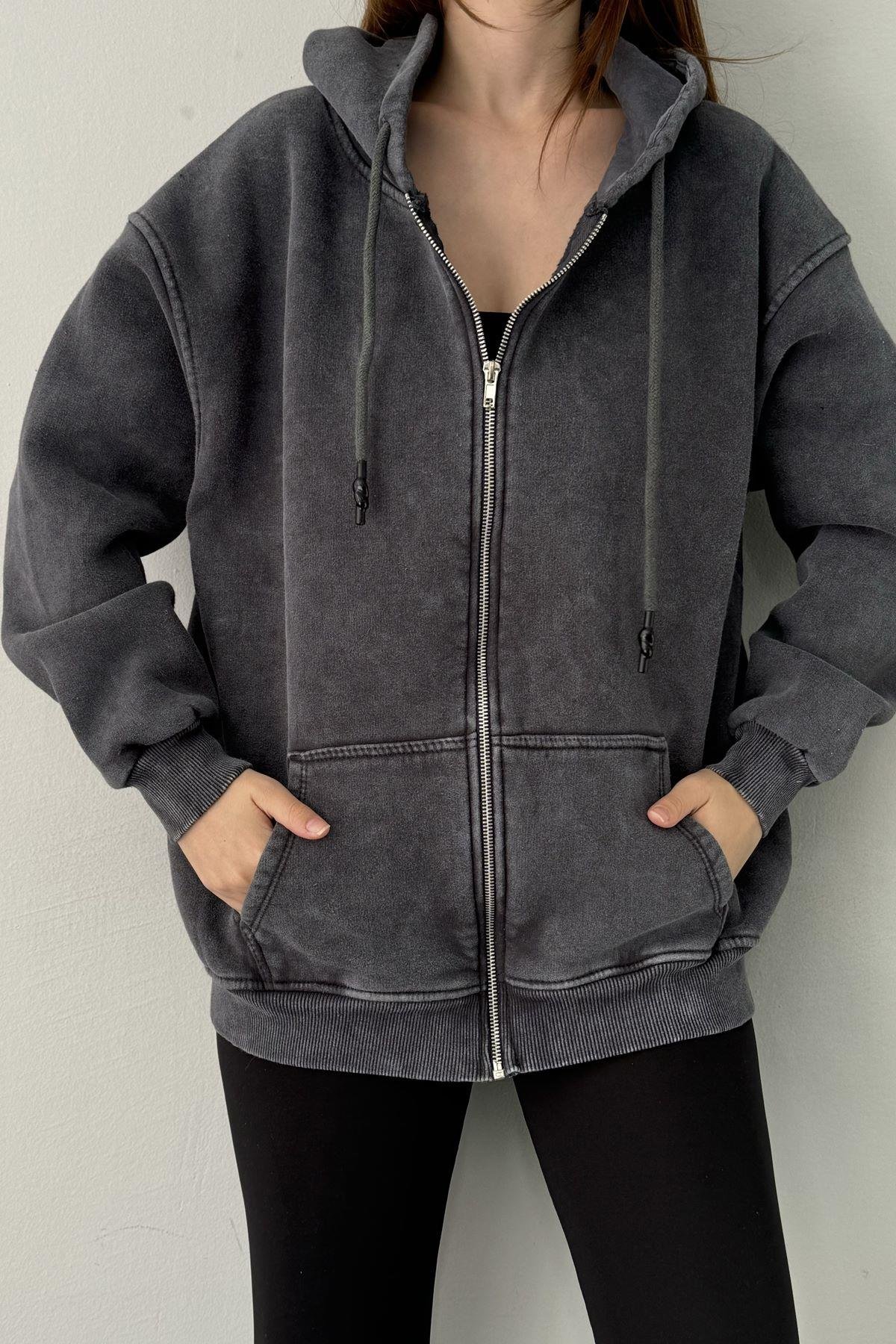 YIKAMALI KAPŞONLU FERMUARLI SWEATSHIRT
