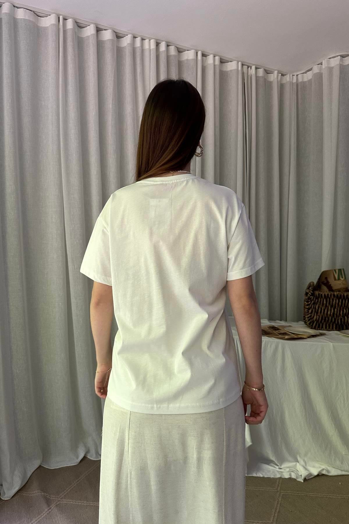 BASKI VE BONCUK DETAYLI TSHIRT