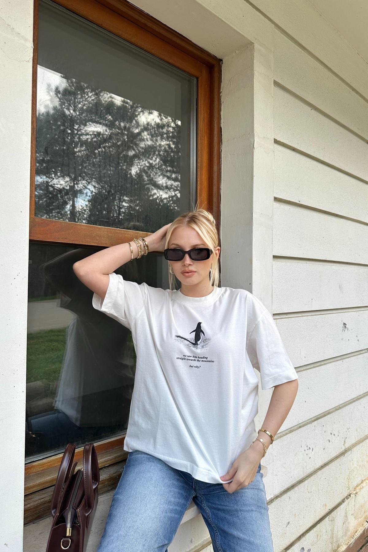 BİSİKLET YAKA BASKI DETAY OVERSİZE TSHIRT