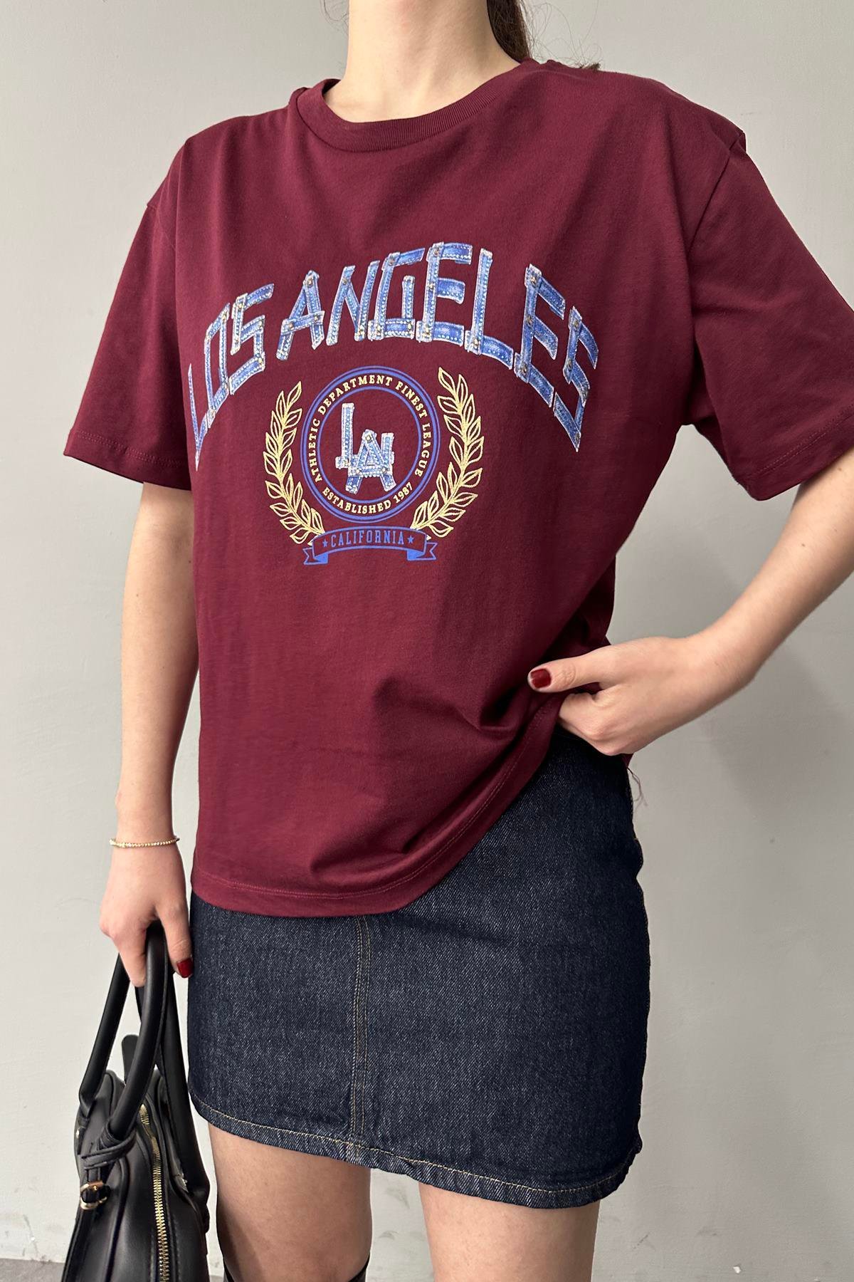 BİSİKLET YAKA LOS ANGELES BASKI TSHIRT
