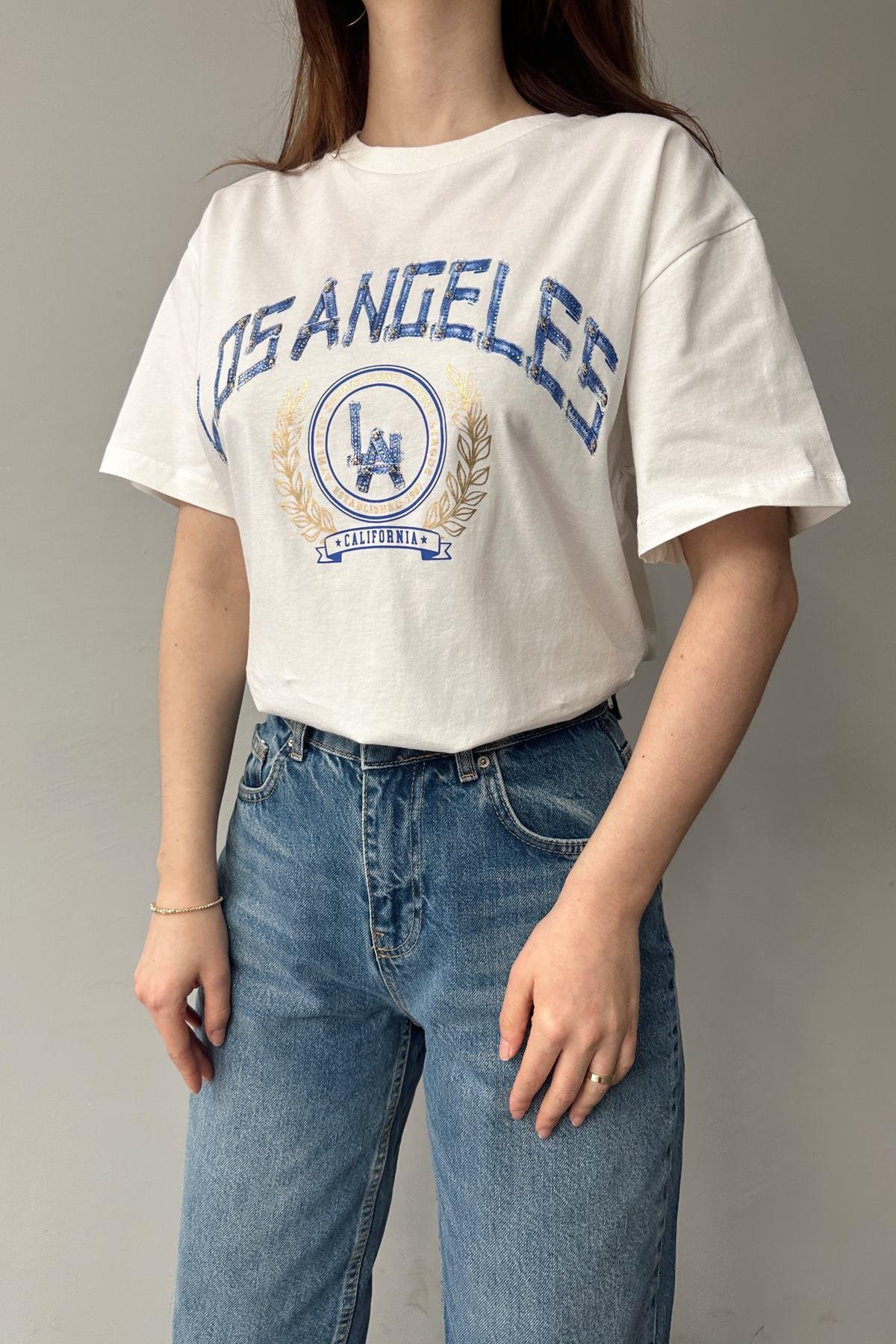 BİSİKLET YAKA LOS ANGELES BASKI TSHIRT