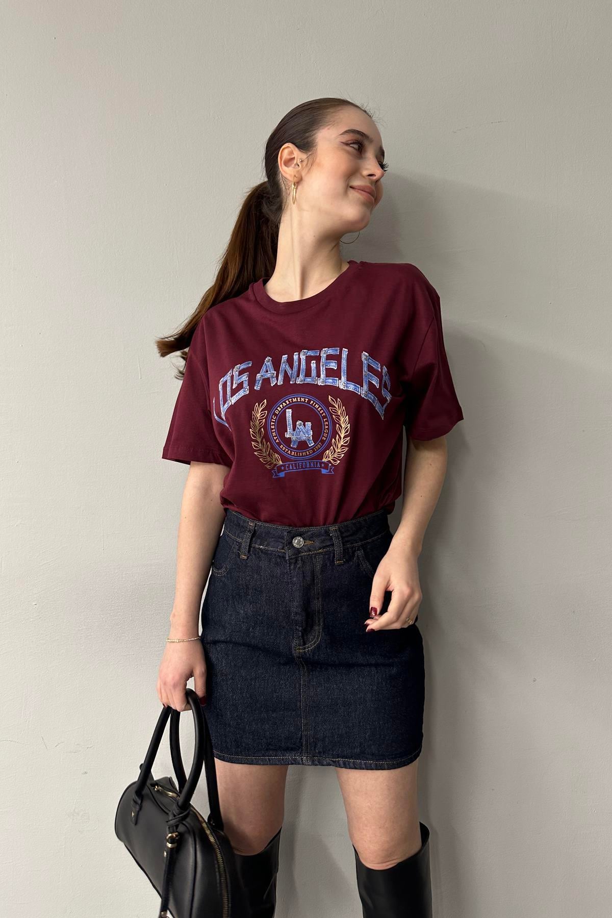 BİSİKLET YAKA LOS ANGELES BASKI TSHIRT