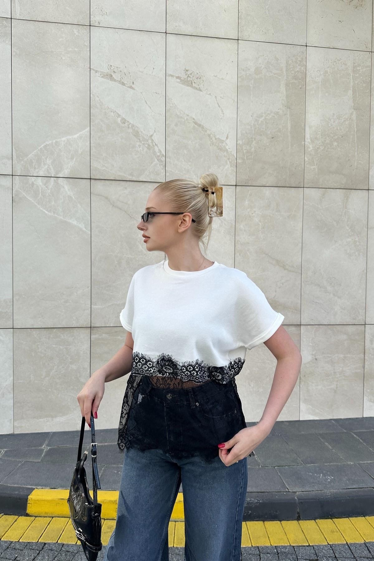 BİSKLET YAKA ALTI DANTEL DETAY TSHIRT