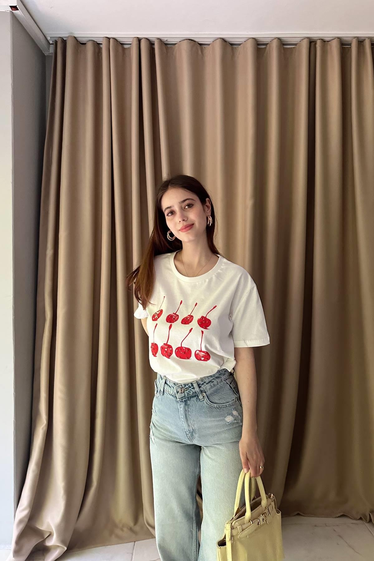 KİRAZ VE TAŞ BASKI TSHIRT