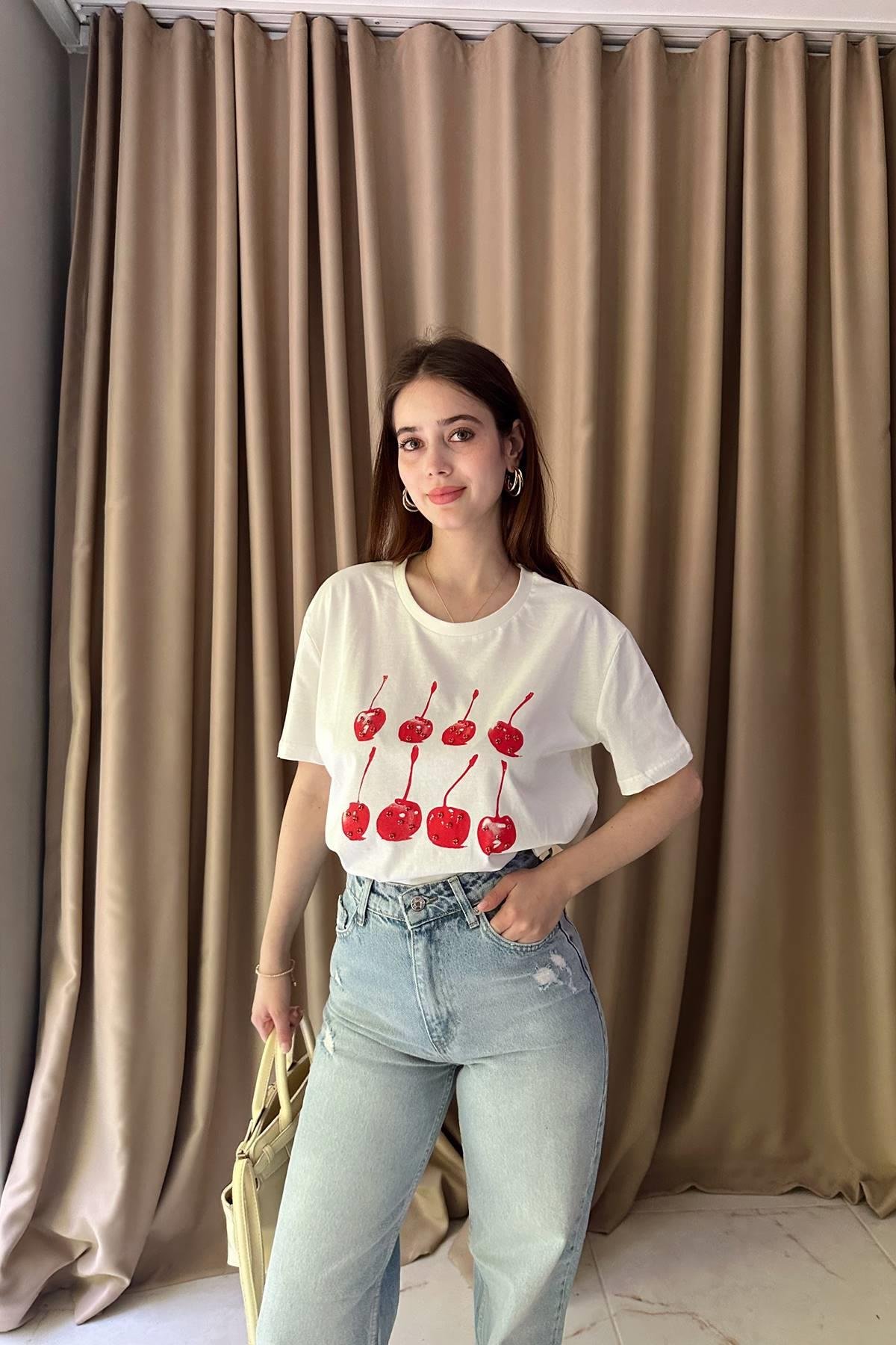 KİRAZ VE TAŞ BASKI TSHIRT