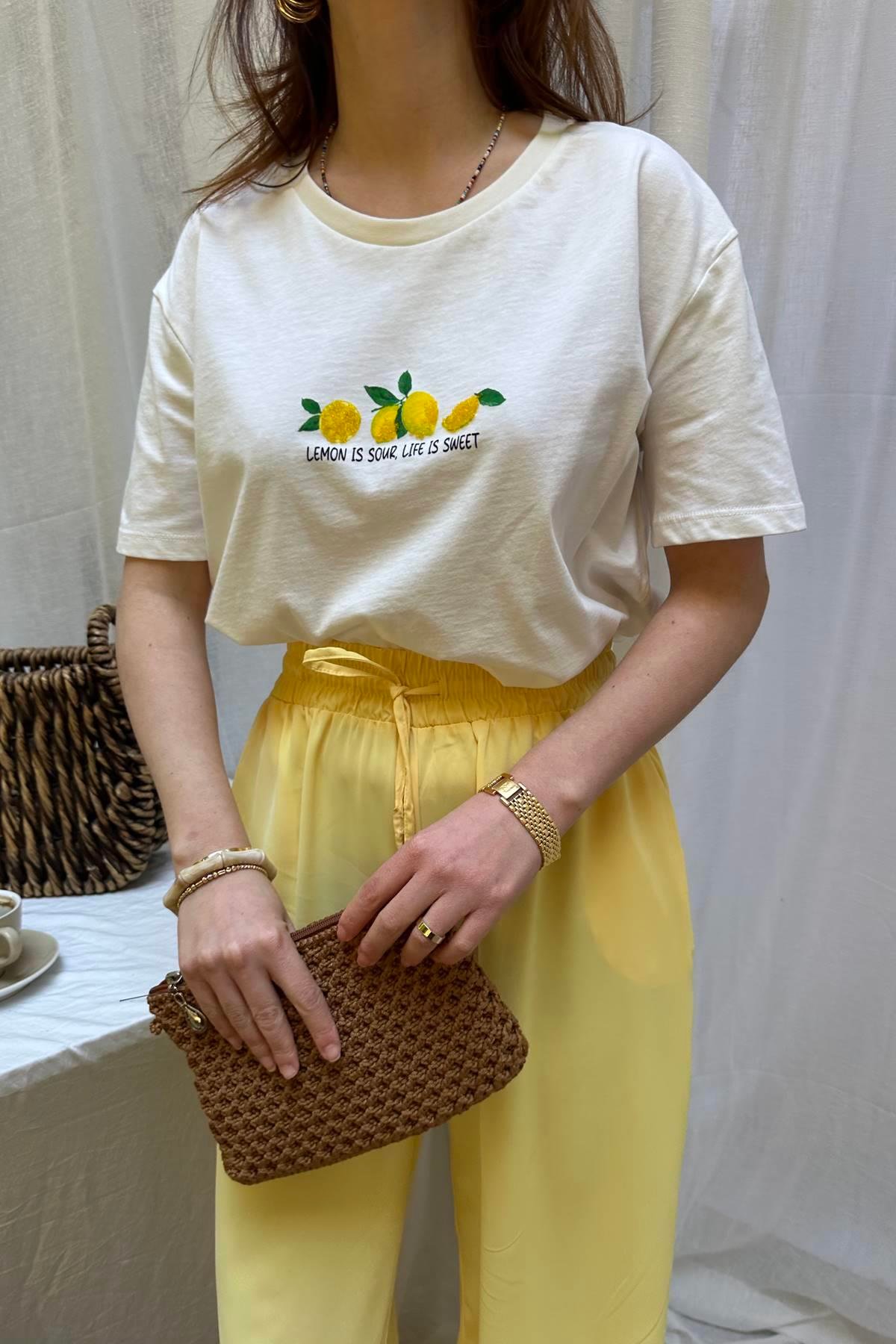 LİMON BASKILI BİSİKLET YAKA TSHIRT