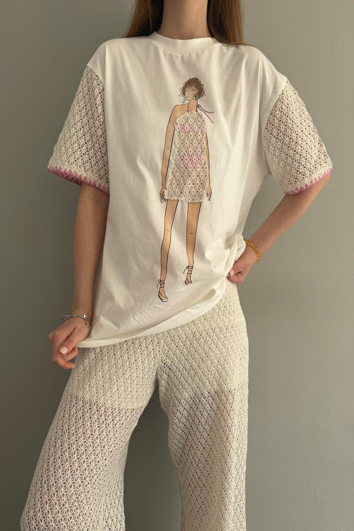 ÖRGÜ KUMAŞ MATCHLİ BASKILI TSHIRT