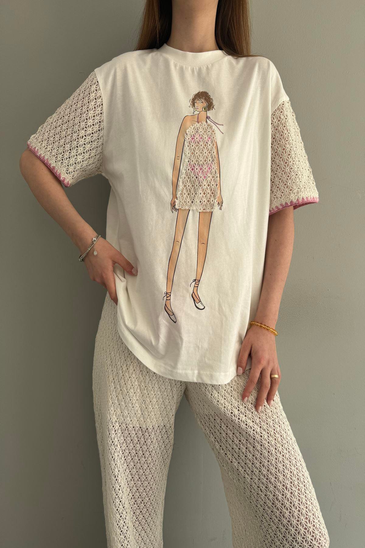 ÖRGÜ KUMAŞ MATCHLİ BASKILI TSHIRT