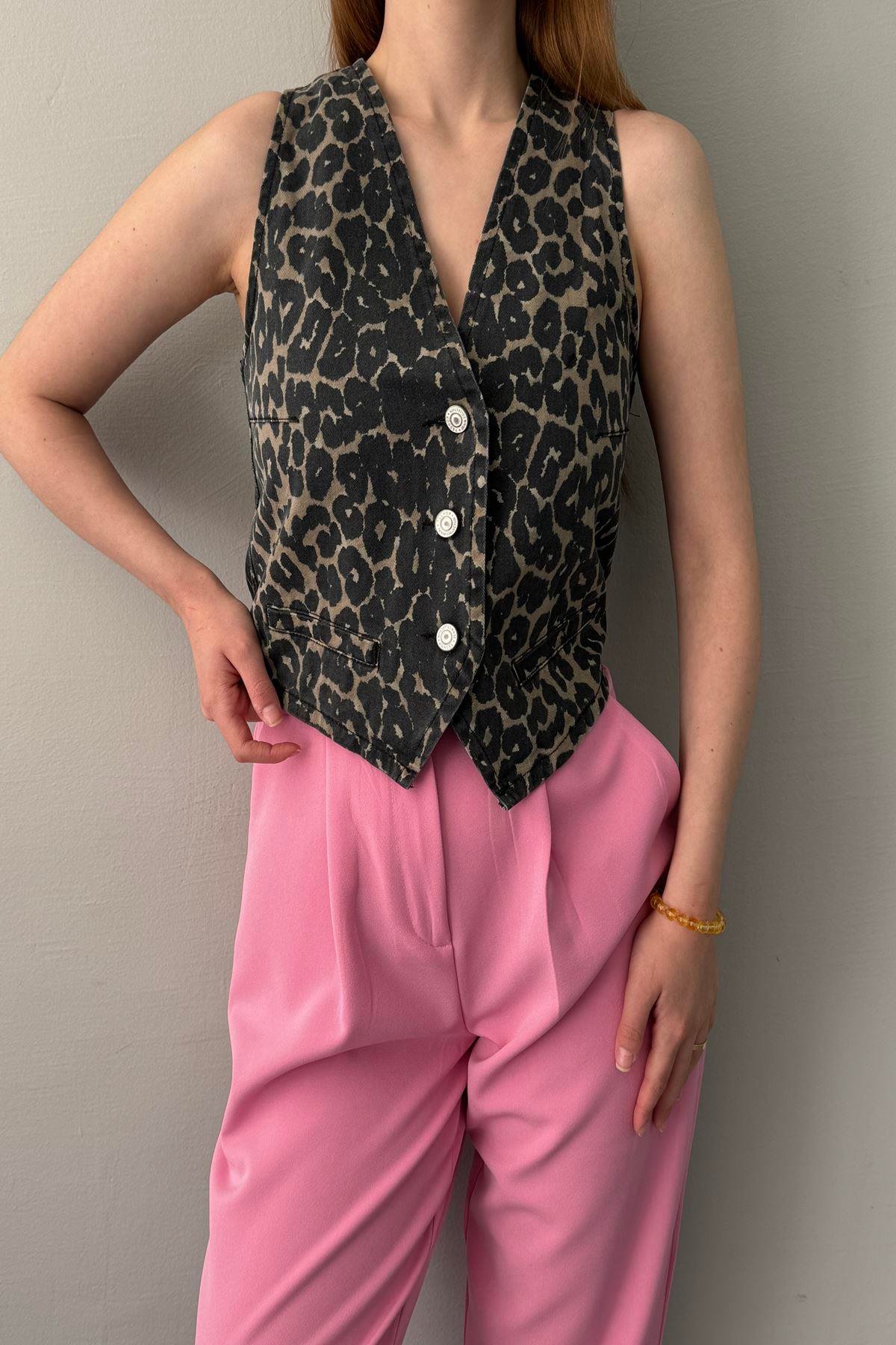 LEOPAR DESEN FLATO CEPLİ YELEK