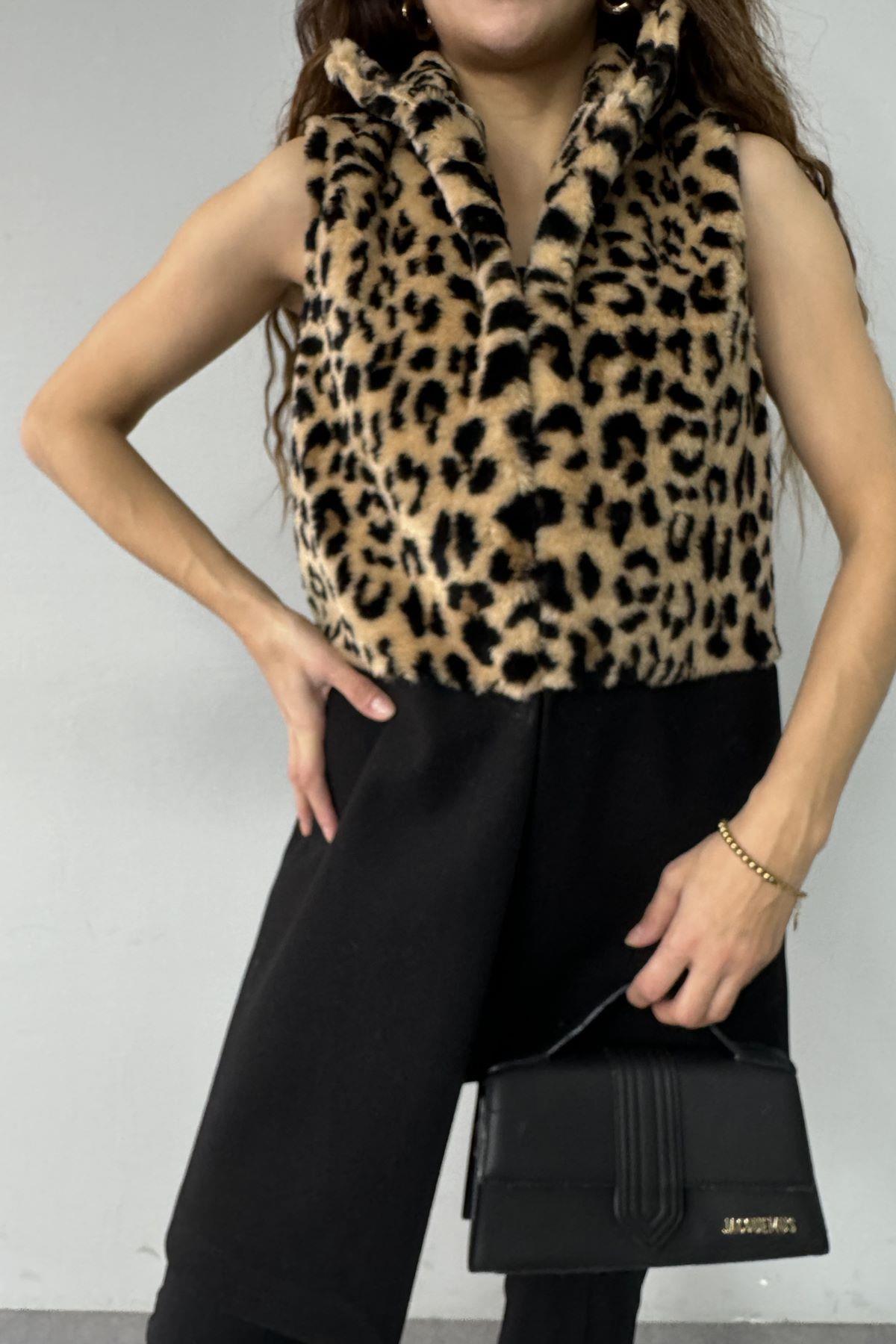 LEOPAR PELUŞ GARNİLİ KAŞE YELEK