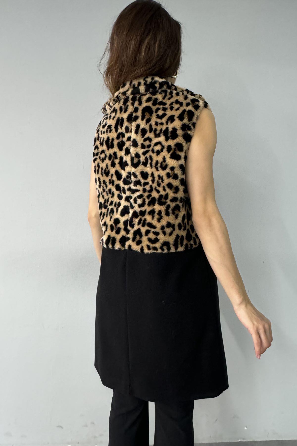 LEOPAR PELUŞ GARNİLİ KAŞE YELEK